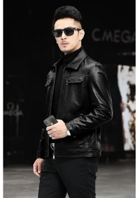 Resim Hakiki Deri Ceket Tarzı Mont Gömlek Yaka Siyah 