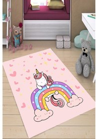 Resim Dijital Baskılı Pembe Unicorn Desenli Dekoratif Yıkanabilir Kaymaz Taban Çocuk Halısı Çok Renkli 