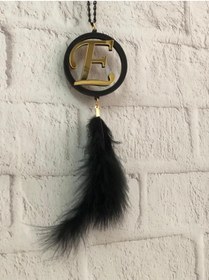 Resim Stoneda '' E'' Harfi Araç Dikiz Ayna Süsü 6cm Çağında Tüylü Siyah (MDF) Ahşap Üzeri Gold Pleksi Harf 