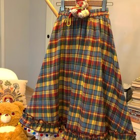 Resim Vintage Plaid Baskılı A-Line Etek, Kontrast Dantel Trim & Elastik Bel - Flared Hem, Normal Uzunluk, Tüm Mevsim Kadın Etek, Rahat veya Şık Kıyafetler için, Sevimli Etekler, Çok Yönlü Moda, Dekoratif Dantel Detay, Kaliteli Kumaş Yapısı 