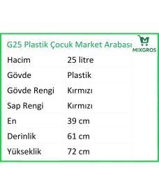 Resim G25 Plastik Çocuk Market Alışveriş Arabası 25 Litre Kırmızı 