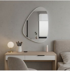 Resim 30x42 Cm Modern Organik Şekilli Beyaz Çerçeveli Düzensiz Banyo Aynası Dekoratif Asimetrik Duvar Aynası Beyaz 