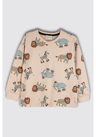 Resim Zuzunga Sevimli Animal Aslan-zebra-fil Desenli %100 Pamuk Interlok Çocuk Pijama Takımı Bej 