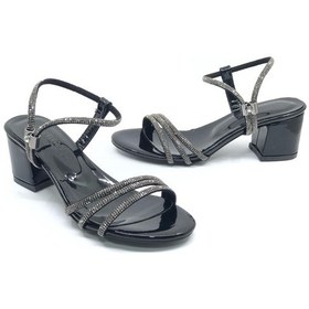 Resim Mehtap Çapraz Üç Şerit Taşlı 5 Cm Kadın Abiye Topuklu Ayakkabı Siyah-rugan 