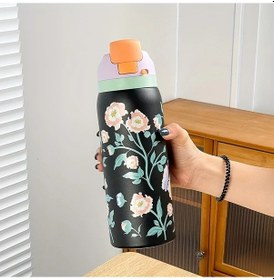 Resim Willowhaven Siyah 1000ml Paslanmaz Çelik Çiçek Desenli Termos Matara 