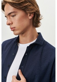 Resim AC&Co / Altınyıldız Classics Erkek Lacı Slim Fit Dar Kesim İtalyan Yaka %100 Pamuk Gofre Gömlek Lacı Lacivert 