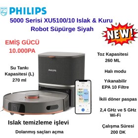 Resim Philips Philips Homerun 5000 Serisi XU5100/10 Siyah Çöp Istasyonlu Akıllı Robot Süpürge 