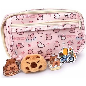 Resim Capybara Desenli Çok Bölmeli Kalemlik - Peluş Bir Broş - 5 Stickers -2 Klips Hediye Pembe 