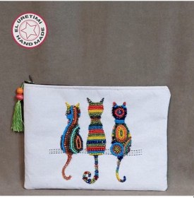Resim Uretti - Sümeyya 2589 1714 El Yapımı Etnik Kedi Desenli Boncuk İşlemeli - Yeşil Püsküllü Clutch Çanta Beyaz 