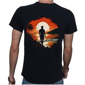 Resim Man On Island T-shirt %100 Pamuklu Siyah Penye Basic Erkek Tişört Siyah 