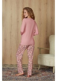 Resim Doreanse Kadın Pembe Ebru Desenli T-shirt Pijama Takımı 4264-standart Standart 
