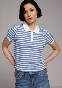 Resim Colin's Colins Slim Fit Polo Yaka Çizgili Kadın Mavi Kısa Kol Tişört Cl1080513 Q1.v1 Ble 