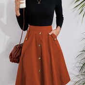 Resim Sahip Düğme Detaylı Şık Düz Renkli Geniş Etek - Yüksek Bel, Esnemez Polyester, Makinede Yıkanabilir - Tüm Mevsimler İçin Mükemmel 