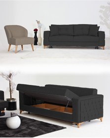 Resim Velura Home & Living Nola Koltuk Takımı 3+1 & Bazalı Yataklı Koltuk & Kanepe - Keten 