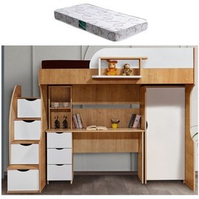 Resim Ranza, Litera Ranza Dolap Çalışma Masası Açık Ceviz-Beyaz + 1 Adet Comfort Yatak 90 x 190 Cm 