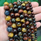 Resim Doğal Üç Renkli Kaplan Gözü Taşı Yuvarlak Boncuklar Takı Yapımı DIY Kolye İpleri 15" Demet 4/6/8/10mm 
