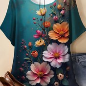 Resim Plus Beden, Kadınlar İçin Plus Beden Çiçekli Tişört - Zarif Turkuaz Desenli Esnek Polyester Karışımı Üst (Pembe/Turuncu/Bej/Beyaz), Nefes Alabilen Yazlık Bluz Günlük ve Resmi Kıyafetler İçin - Makinede Yıkanabilir Her Gün Kullanım Kadın Gömleği, Çok Amaçlı Giyim, Vintage Tasarım, Rahat Kesim Kısa Kollu Tişört, Şık Kadın 