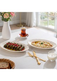 Resim Porsima 4448 Tiffany Porselen Altın Fileli Kayık Tabak Seti - Oval Kahvaltılık Sunumluk Seti 25cm Beyaz 