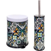 Resim Siliwax Retro Desen-2 Li Set Pedallı Yavaş Kapanır Çöp Kovası ve Wc Klozet Fırça Seti 