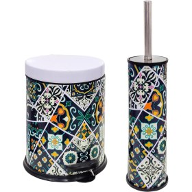 Resim Siliwax Retro Desen-2 Li Set Pedallı Yavaş Kapanır Çöp Kovası ve Wc Klozet Fırça Seti 
