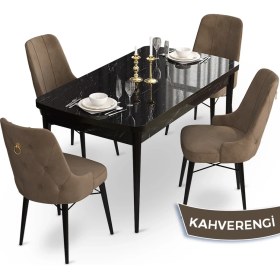Resim Canisa Concept Taç Serisi 80 x 132 cm Açılabilir Siyah Mermer Desen Masa Takımı 4 Sandalye Gold Halkalı 