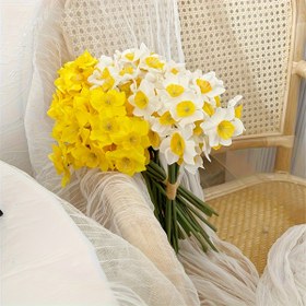 Resim 8'li Yapay Nergis Buketi - Gerçekçi & Sarı Çiçekler Yeşil Yapraklarla, Bakım Gerektirmez, Sulama Gerektirmez, Düğün, Ev, Ofis, Otel Dekorasyonu İçin - Sonbahar Mevsimi Çiçek Aranjmanı - Orta Süsü İçin Nergis Buketi 