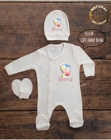 Resim yzc home size dair... K100 T Ekru Renk Isme Özel Isimli Baskılı Bebek Tulum Şapka Eldiven Set Hastane Çıkışı 