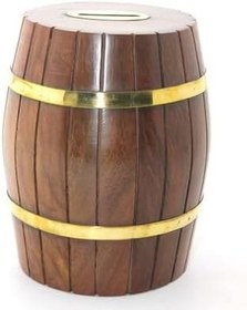 Resim Pirinç Ahşap Fıçı Kumbara 15 Cm 