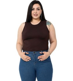 Resim Büyük Beden Bisiklet Yaka Kolsuz Crop Viskon Kahverengi Body-kahverengi Kahverengi 