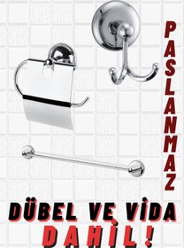 Resim EMPA METAL Banyo Havluluk Seti 3 Parça (krom) - Uzun Düz Havluluk + Kapaklı Tuvalet Kağıtlığı I+ Banyo Askılığı 