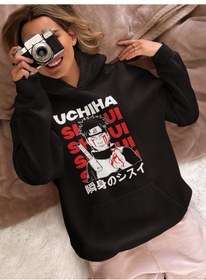 Resim Sevbano Shisui Uchiha Baskılı Unisex Oversize Naruto Anime Karakter Hoodi Siyah 