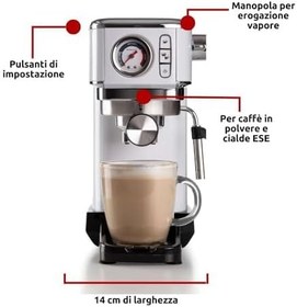 Resim Ariete Moderna Slim Espresso Makinesi Beyaz 1381/14 - Espresso Makinesi, Öğütülmüş Kahve ve ESE Pod Kahve ile Uyumlu, 1300 Watt, 1,1 Lt Su Tankı, 15 Bar Basınç, Maxi Cappuccino Cihazı 