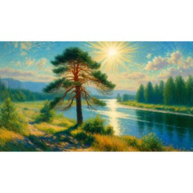 Resim Venspor Güneşli Gün Manzarası: Nehir Kenarında Ağaç Arkaplan - 200x150cm Fon Duvar Örtüsü 