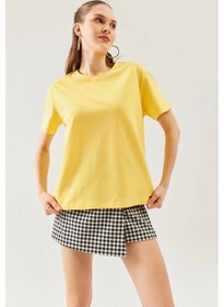 Resim Kadın Oversize Rahat %100 Pamuklu Penye Bisiklet Yaka Kısa Kol Basic T-shirt Sari 
