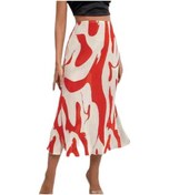 Resim Kadın Balık Kuyruğu Etek A-line Etek Yüksek Nervürlü Ofis Bel Büyük Hem Geometrik Baskı Kadın Eteği İş Giysisi Kırmızı 