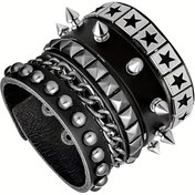 Resim 3 Adet Erkek Punk Rock Suni Deri Bilezikler - Ayarlanabilir Dikenli Bilek Kelepçeleri, Retro 80'ler & 90'lar Emo Tarzı, Gotik Tarz 