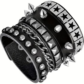Resim 3 Adet Erkek Punk Rock Suni Deri Bilezikler - Ayarlanabilir Dikenli Bilek Kelepçeleri, Retro 80'ler & 90'lar Emo Tarzı, Gotik Tarz 