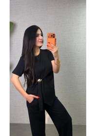 Resim Efnaz Style Kadın Kısa Kollu Bisiklet Yaka Yandan Toka Detaylı Viskon Iki Iplik Bluz Ve Pantolon Ikili Takım Siyah 