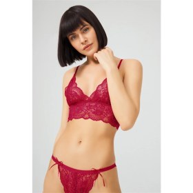 Resim Cottonhill Beauty Cottonhill Bordo Dantelli Transparan Balensiz Kadın Sütyen Takımı 