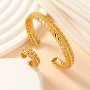 Resim 1 Set Vintage Lüks 24K Altın Kaplama Bakır Yaprak Tasarımı Ayarlanabilir Bilezik ve Yüzük, Ramazan Festivali Takıları, Zarif Düğün Aksesuarı, Tüm Mevsimler İçin Hediye 