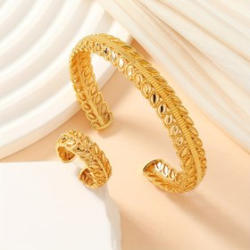 Resim 1 Set Vintage Lüks 24K Altın Kaplama Bakır Yaprak Tasarımı Ayarlanabilir Bilezik ve Yüzük, Ramazan Festivali Takıları, Zarif Düğün Aksesuarı, Tüm Mevsimler İçin Hediye 