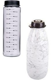 Resim 2 Li Cam Matara Cam Şişe Seti 550 ml Ölçekli Cam Su Matarası & 1000 ml Seramik Desenli Cam Şişe 