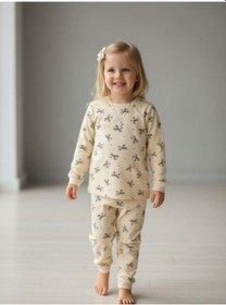Resim Kız Çocuk Pamuklu Fiyonklu Pijama Takımı-16829 KREM 