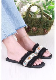 Resim Fort 3572 Keten Bonçuk Taş Detaylı Tatil Terliği Günlük Terlik Kadın Terlik Siyah 