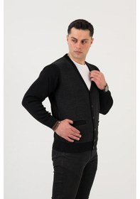Resim Woolen World Düğmeli Çift Cepli Nokta Desenli Erkek Triko Hırka Antrasit 