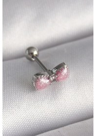Resim 316l Çelik Gümüş Renk Pembe Kurdele Zirkon Taş Detay Tragus Piercing Renkli 