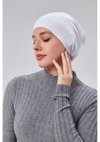 Resim Sonbaharmoda Kadın Tesettür Hazır Pratik Geçmeli Bone Lastikli Kaymaz Beyaz 