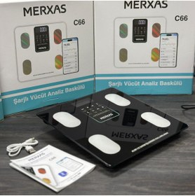 Resim Merxas C66 Şarjlı Ekranlı Vücut Yağ Ölçekli Banyo Baskülü Akıllı Bluetooth Şarjlı Tartı Mobil Uygulamalı 