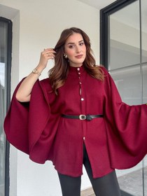 Resim Kemerli düğmeli panço-BORDO - STD 