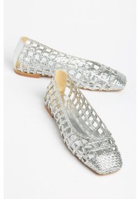 Resim Dilimler Ayakkabı Kadın Babet Gümüş Örgü Malzeme Küt Burun-4976 